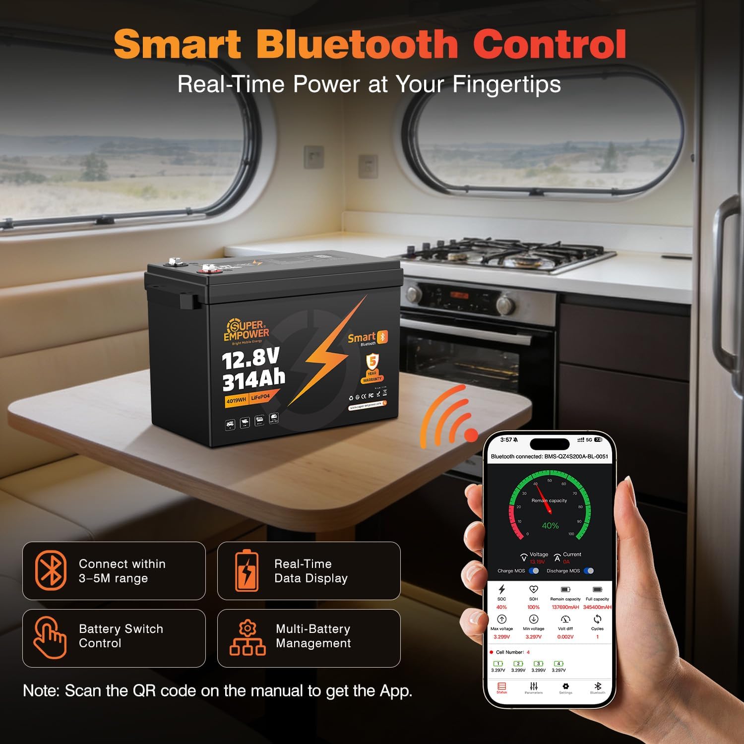 SUPER EMPOWER 314AH 12.8V Bluetooth battery can be monitor with app at mobile devices.