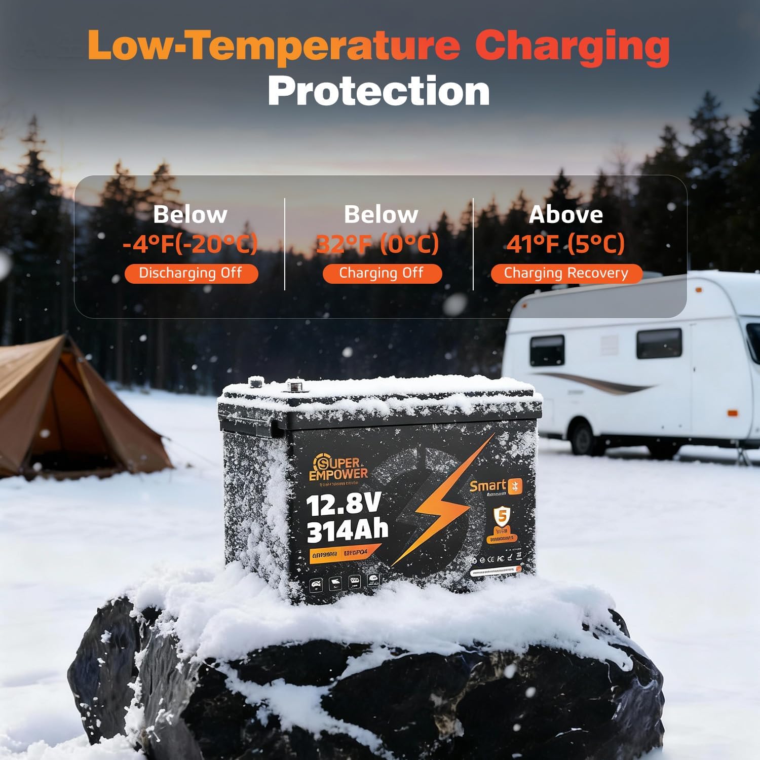 SUPER EMPOWER 314AH 12.8V Bluetooth battery can use in cold weather.