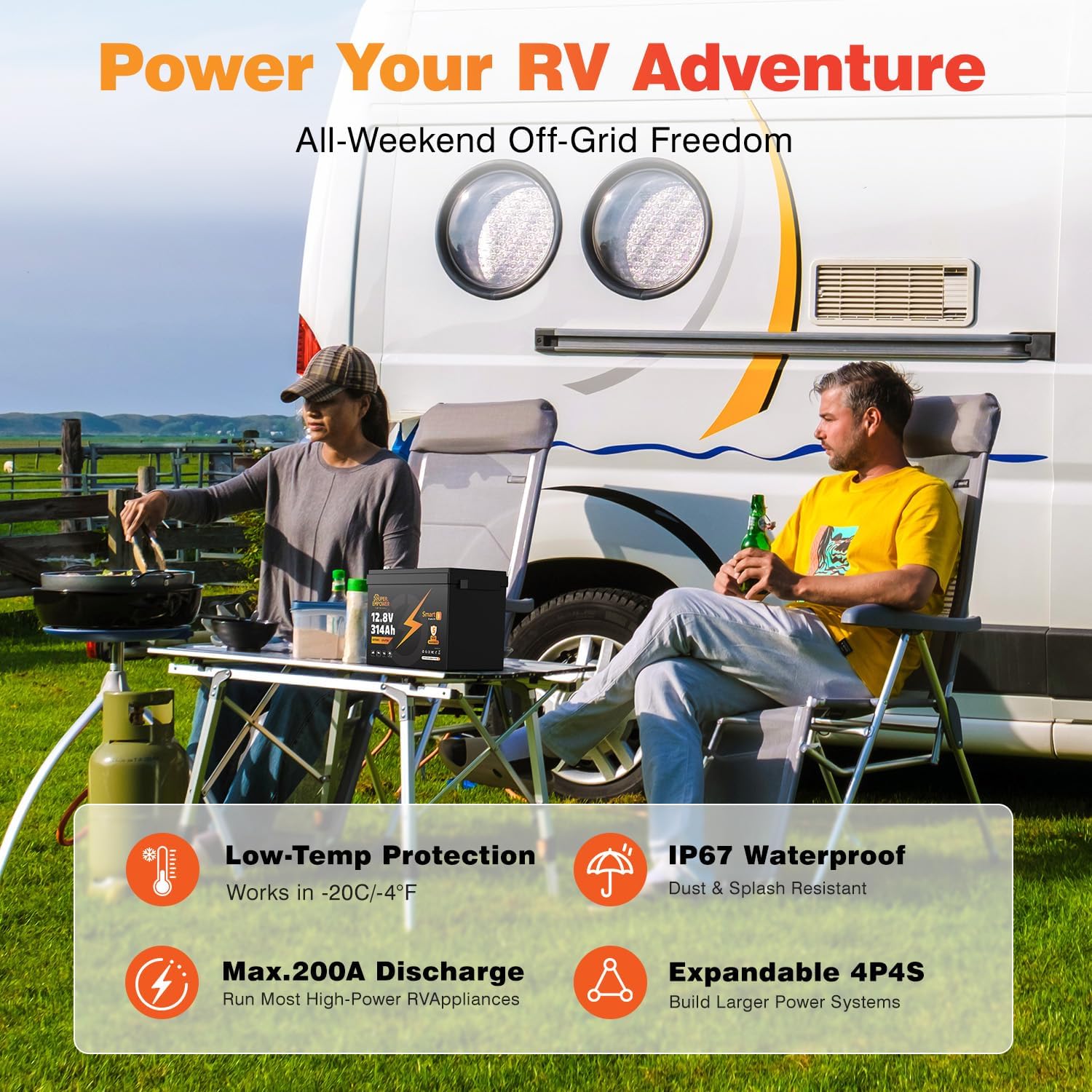 SUPER EMPOWER 314AH 12.8V Bluetooth battery be used in a RV campsite.