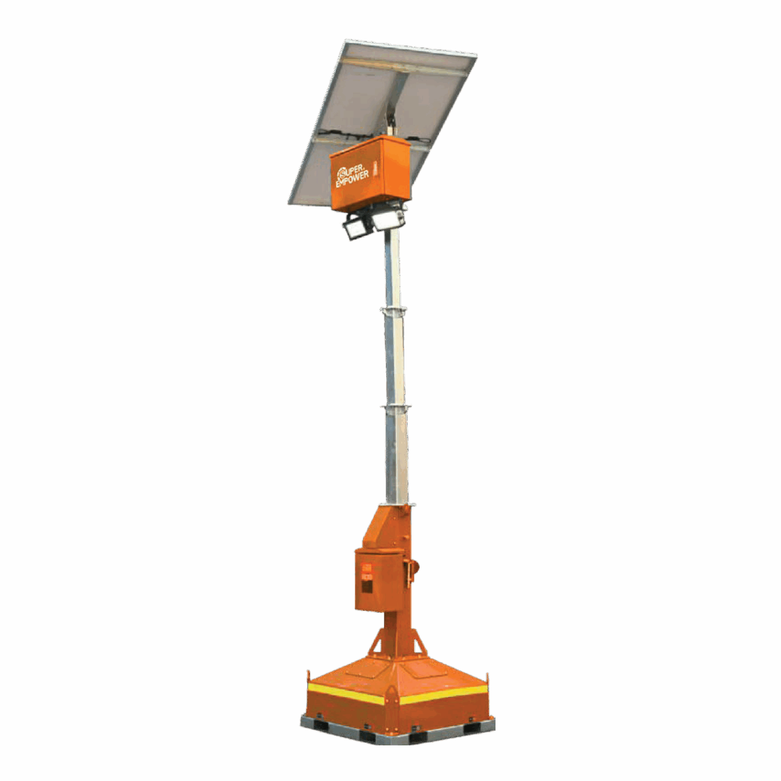 SUPER EMPOWER Solar Light Tower SCOUT in orange finish, and the mast is raised up.